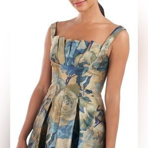 Kay Unger Amira Pleated Floral-print Midi Dress In Gold size 4 NWT